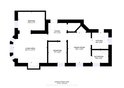 Floor plan for 2 beds, 1 bath, 638 sqft